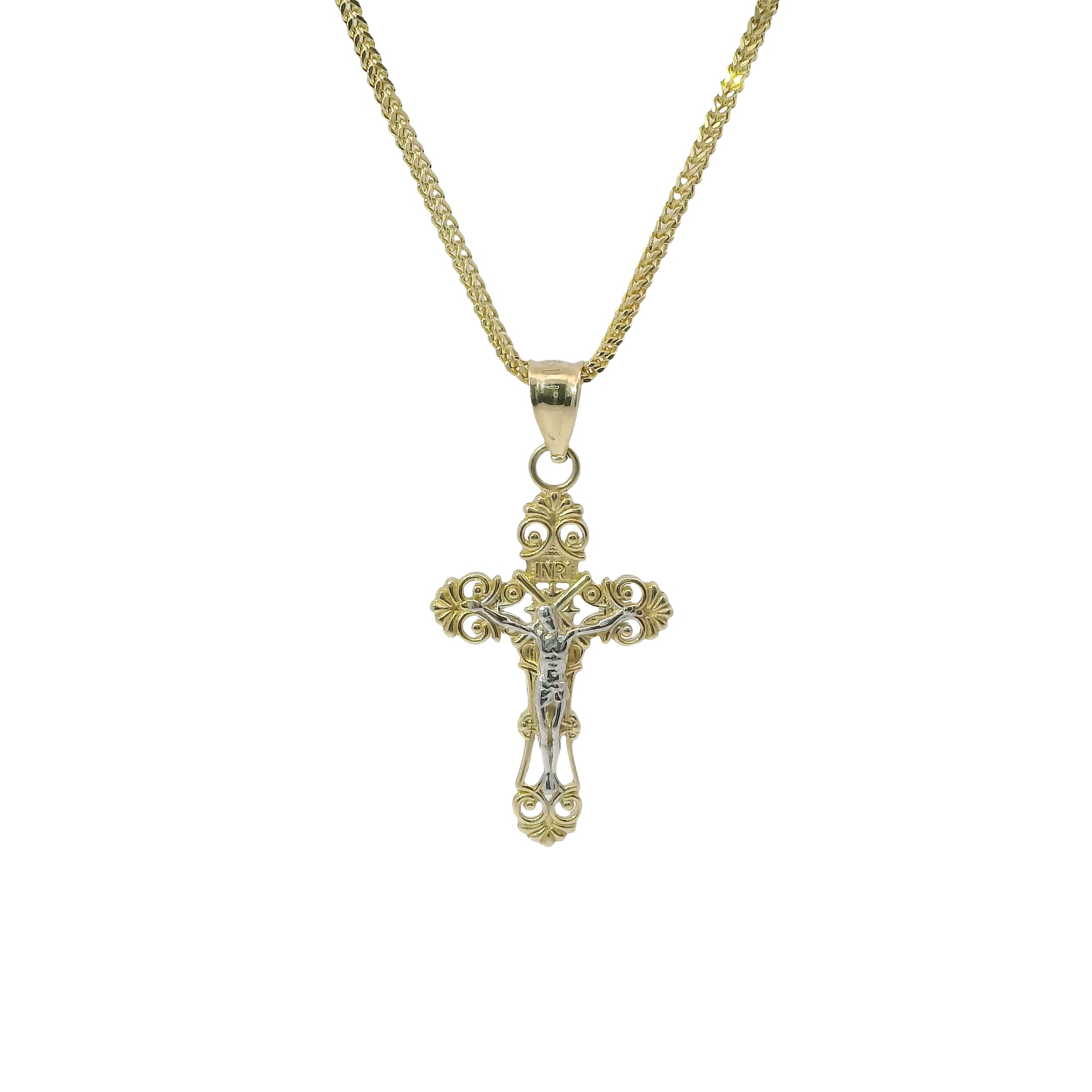 14KT Gold Charm Small Two Tone Ornate Crucifix Cross with Plain Bell