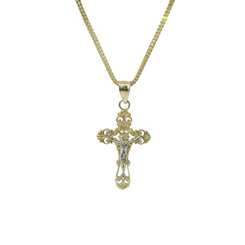 14KT Gold Charm Small Two Tone Ornate Crucifix Cross with Plain Bell