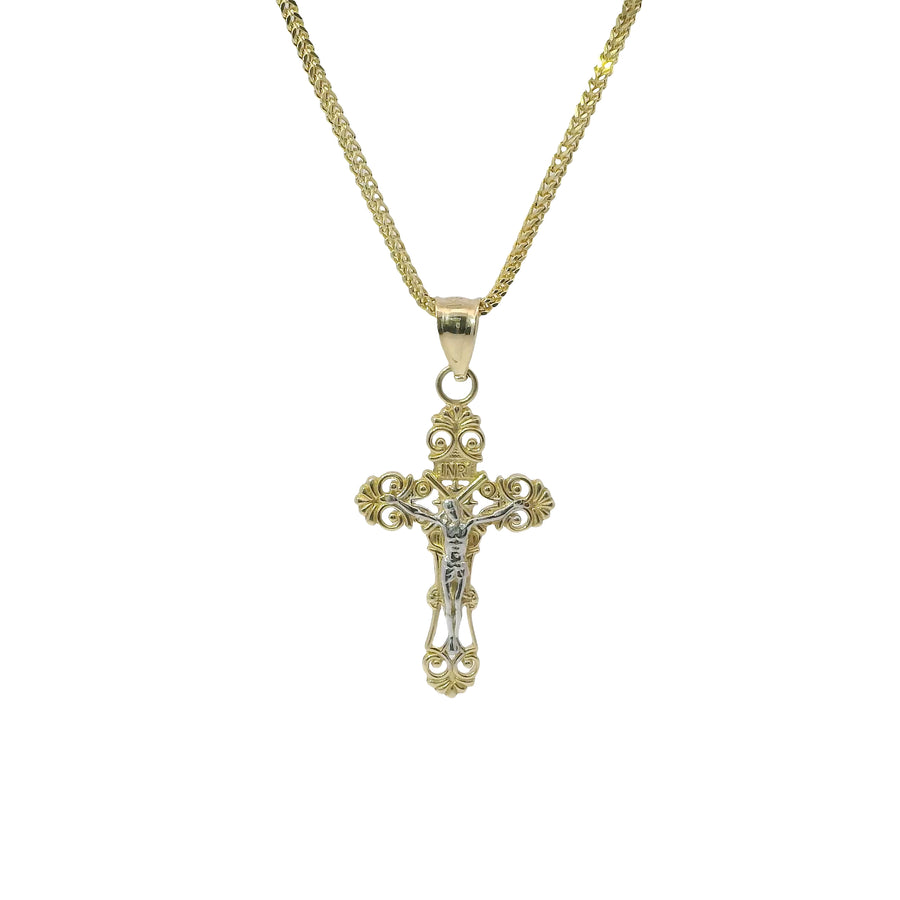 14KT Gold Charm Small Two Tone Ornate Crucifix Cross with Plain Bell