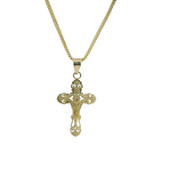 14KT Gold Charm Small Two Tone Ornate Crucifix Cross with Plain Bell