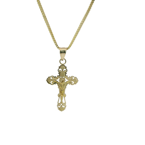 14KT Gold Charm Small Two Tone Ornate Crucifix Cross with Plain Bell