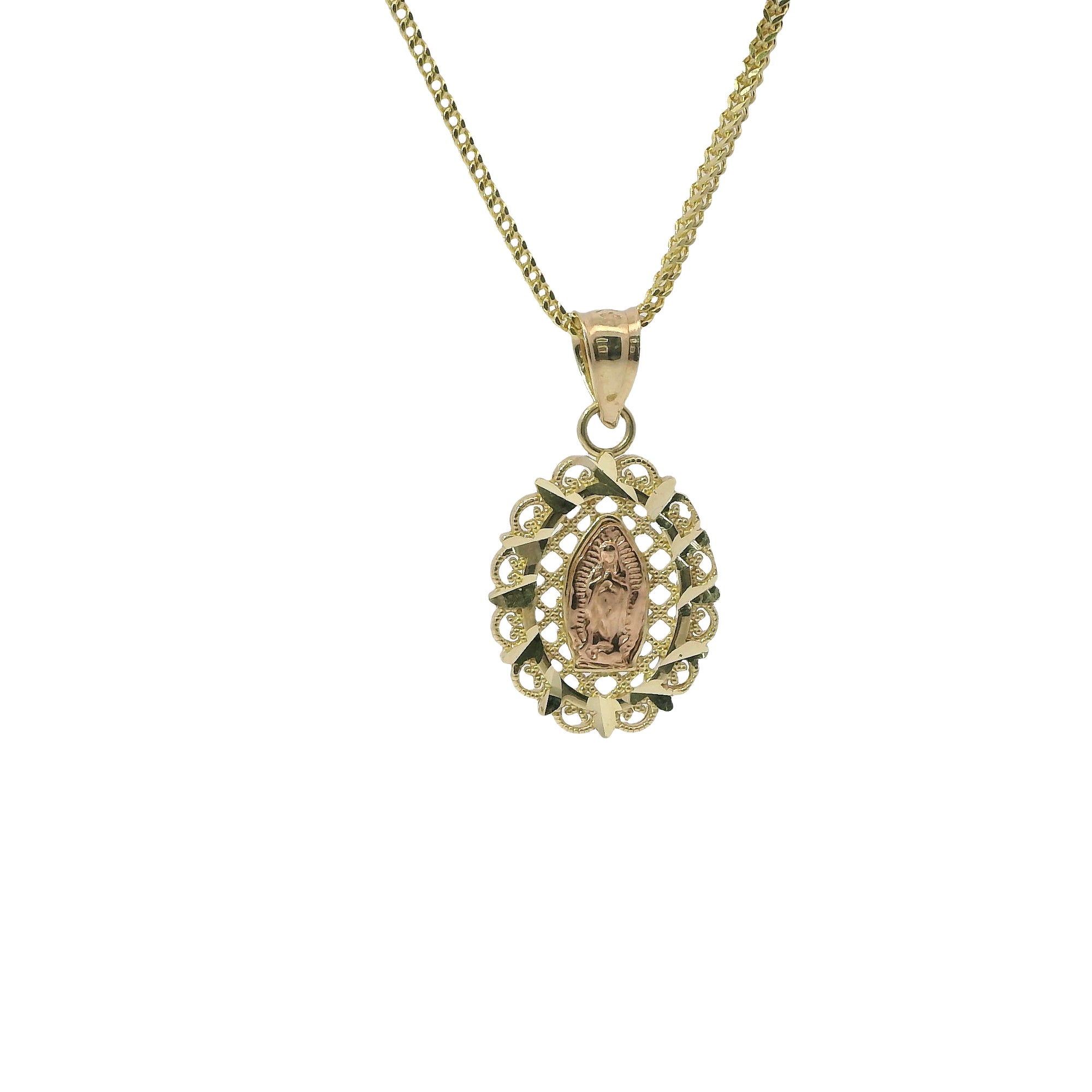 14KT Gold Charm Small Two Tone Virgin Mary Lattice Oval with Diamond Cut Border and Plain Bell