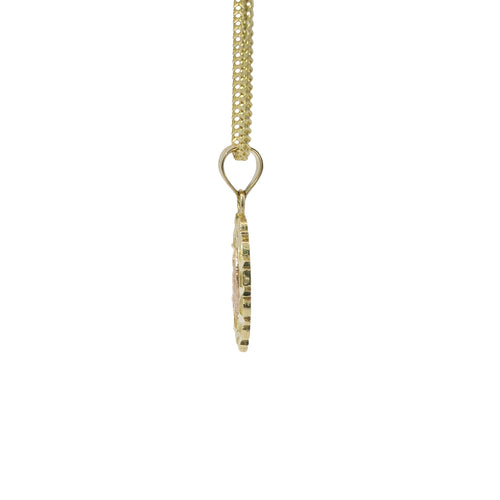 14KT Gold Charm Small Two Tone Virgin Mary Lattice Oval with Diamond Cut Border and Plain Bell
