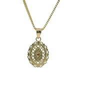 14KT Gold Charm Small Two Tone Virgin Mary Lattice Oval with Diamond Cut Border and Plain Bell