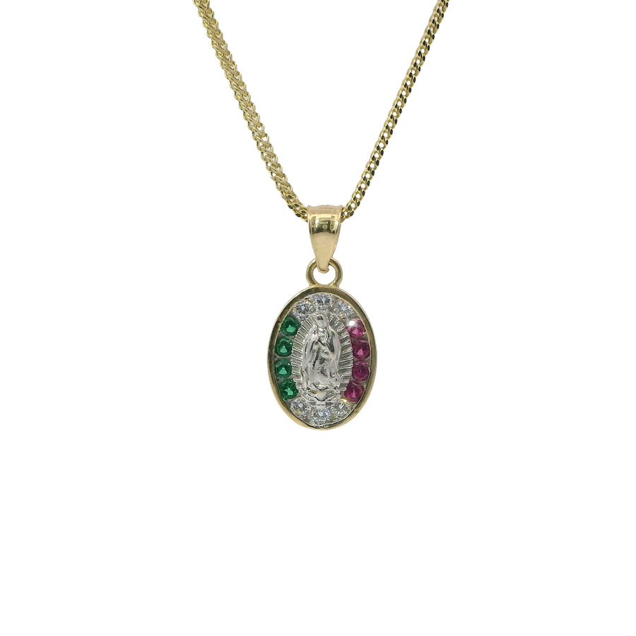 14KT Gold Charm Small Tri Tone Oval Virgin Mary with Red, Green, and White Round CZ Stones Border with Plain Bell