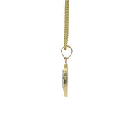 14KT Gold Charm Small Tri Tone Oval Virgin Mary with Red, Green, and White Round CZ Stones Border with Plain Bell