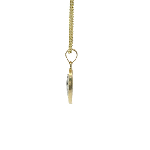 14KT Gold Charm Small Tri Tone Oval Virgin Mary with Red, Green, and White Round CZ Stones Border with Plain Bell