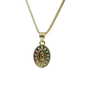 14KT Gold Charm Small Tri Tone Oval Virgin Mary with Red, Green, and White Round CZ Stones Border with Plain Bell