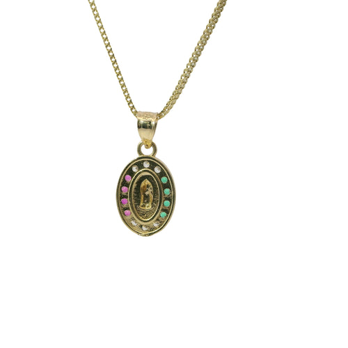 14KT Gold Charm Small Tri Tone Oval Virgin Mary with Red, Green, and White Round CZ Stones Border with Plain Bell