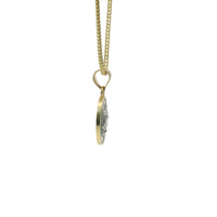 14KT Gold Charm Small Tri Tone Oval Virgin Mary with Red, Green, and White Round CZ Stones Border with Plain Bell