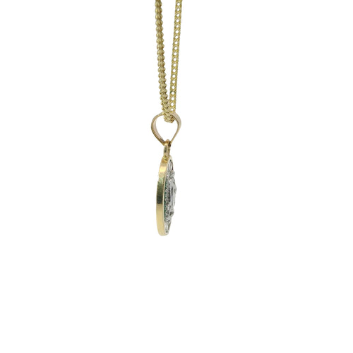 14KT Gold Charm Small Tri Tone Oval Virgin Mary with Red, Green, and White Round CZ Stones Border with Plain Bell