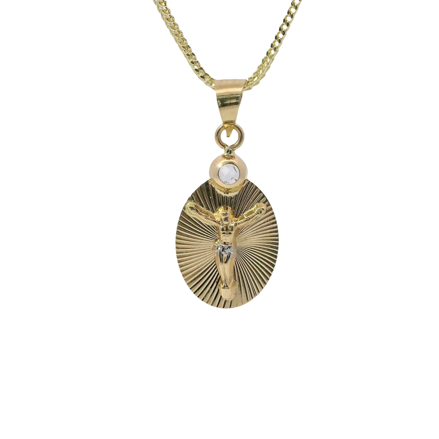 14KT Gold Charm Small Two Tone Oval Crucifix Sunray Coin with White CZ Stone Top and Plain Bell