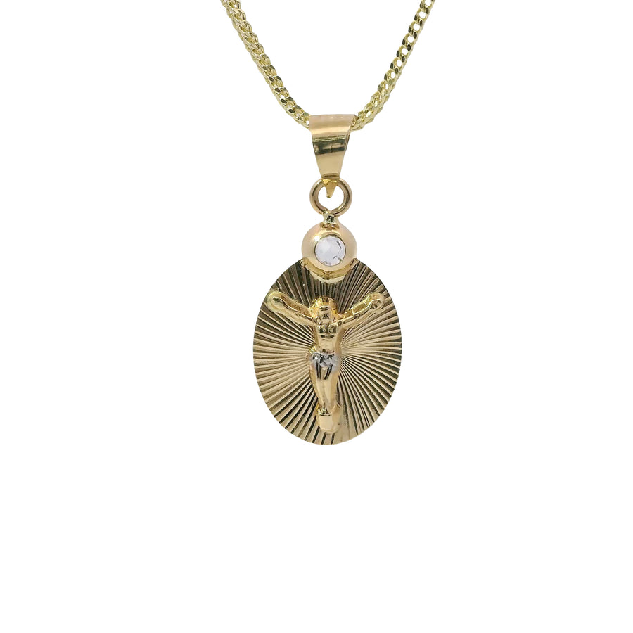 14KT Gold Charm Small Two Tone Oval Crucifix Sunray Coin with White CZ Stone Top and Plain Bell