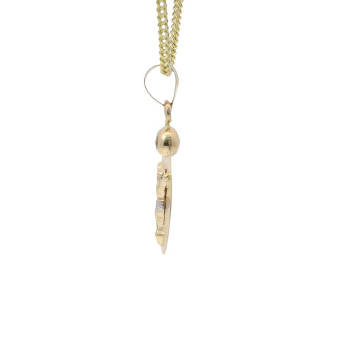14KT Gold Charm Small Two Tone Oval Crucifix Sunray Coin with White CZ Stone Top and Plain Bell