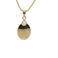 14KT Gold Charm Small Two Tone Oval Crucifix Sunray Coin with White CZ Stone Top and Plain Bell