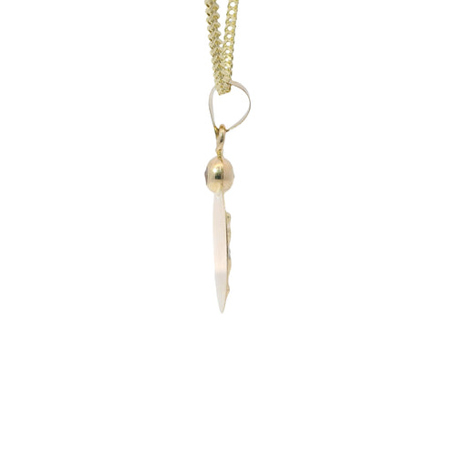 14KT Gold Charm Small Two Tone Oval Crucifix Sunray Coin with White CZ Stone Top and Plain Bell