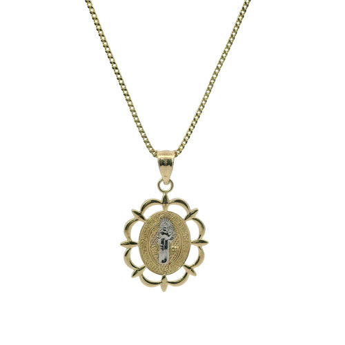 14KT Gold Charm Small Oval Two Tone St Benedict Coin Center with Open Scallop Border and Plain Bell