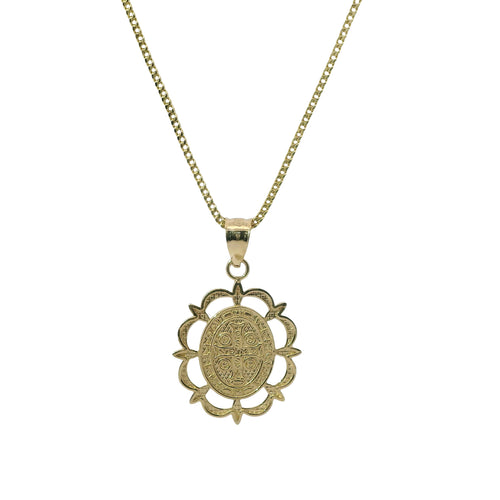 14KT Gold Charm Small Oval Two Tone St Benedict Coin Center with Open Scallop Border and Plain Bell