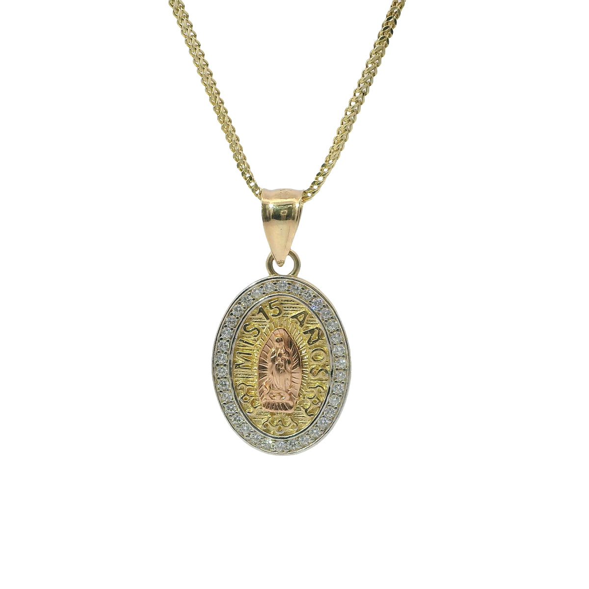 14KT Gold Charm Small Oval Two Tone Virgin Mary Quinceanera "15 Anos" Coin with White CZ Stones Border and Plain Bell
