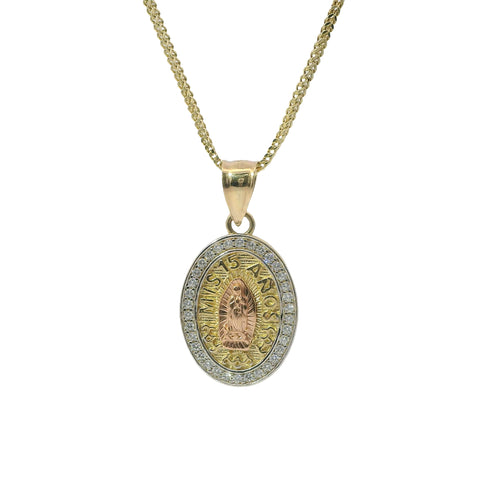 14KT Gold Charm Small Oval Two Tone Virgin Mary Quinceanera "15 Anos" Coin with White CZ Stones Border and Plain Bell