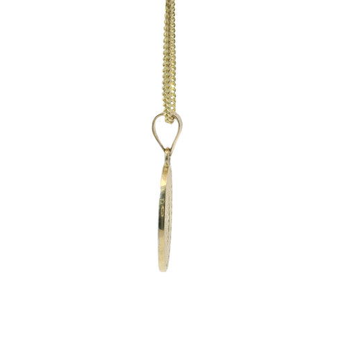 14KT Gold Charm Small Oval Two Tone Virgin Mary Quinceanera "15 Anos" Coin with White CZ Stones Border and Plain Bell