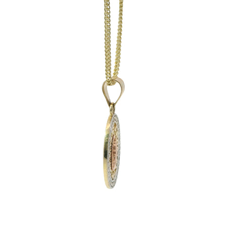 14KT Gold Charm Small Oval Two Tone Virgin Mary Quinceanera "15 Anos" Coin with White CZ Stones Border and Plain Bell