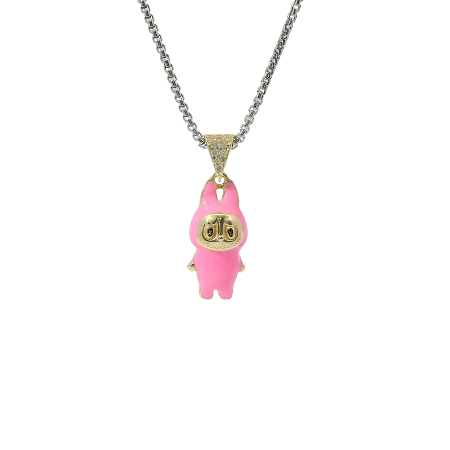 14KT Gold Charm Extra Small 3D Hot Pink Enamel LaBuBu Body and White CZ Stones Bell