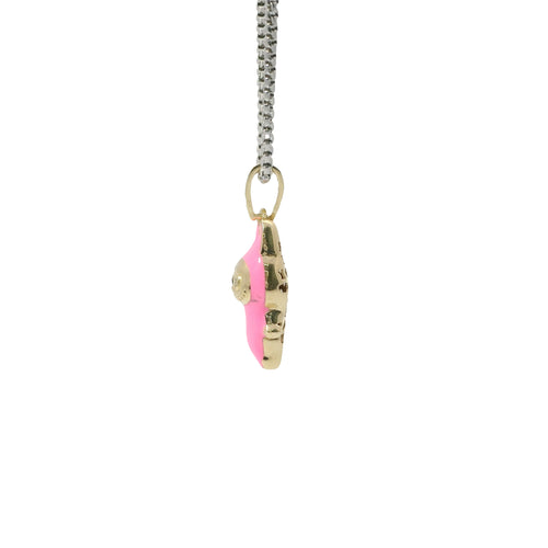 14KT Gold Charm Extra Small 3D Hot Pink Enamel LaBuBu Body and White CZ Stones Bell