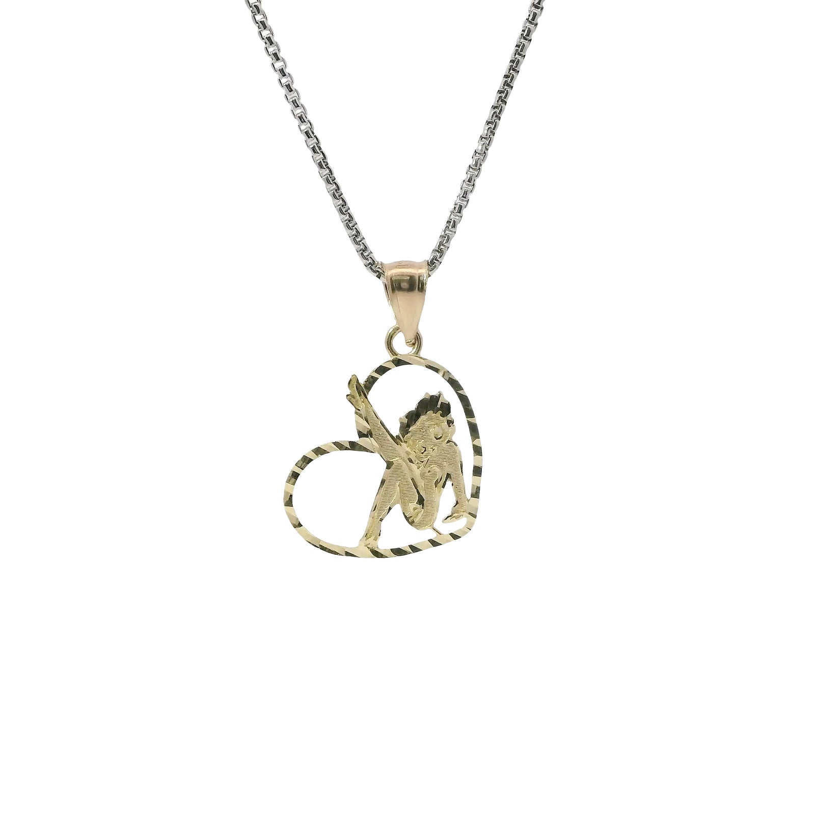 14KT Gold Charm Small Diamond Cut Open Center "Pin Up" Heart Betty Boop with Plain Bell