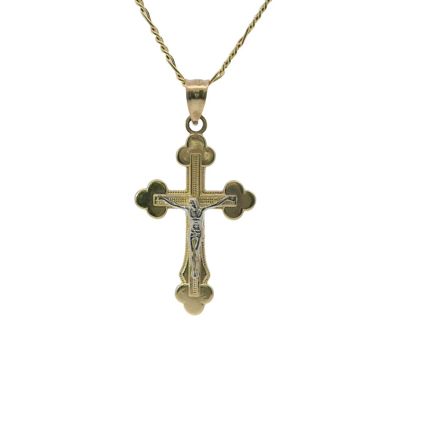 14KT Gold Charm Extra Small Two Tone Plain Center Club Ends Crucifix Cross with Plain Bell