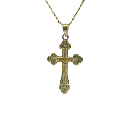 14KT Gold Charm Extra Small Two Tone Plain Center Club Ends Crucifix Cross with Plain Bell