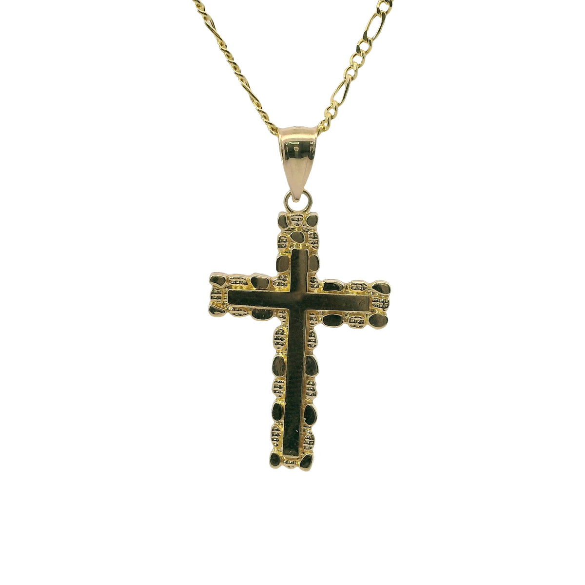 14KT Gold Charm Small Nugget Cross with Engravable Center and Plain Bell