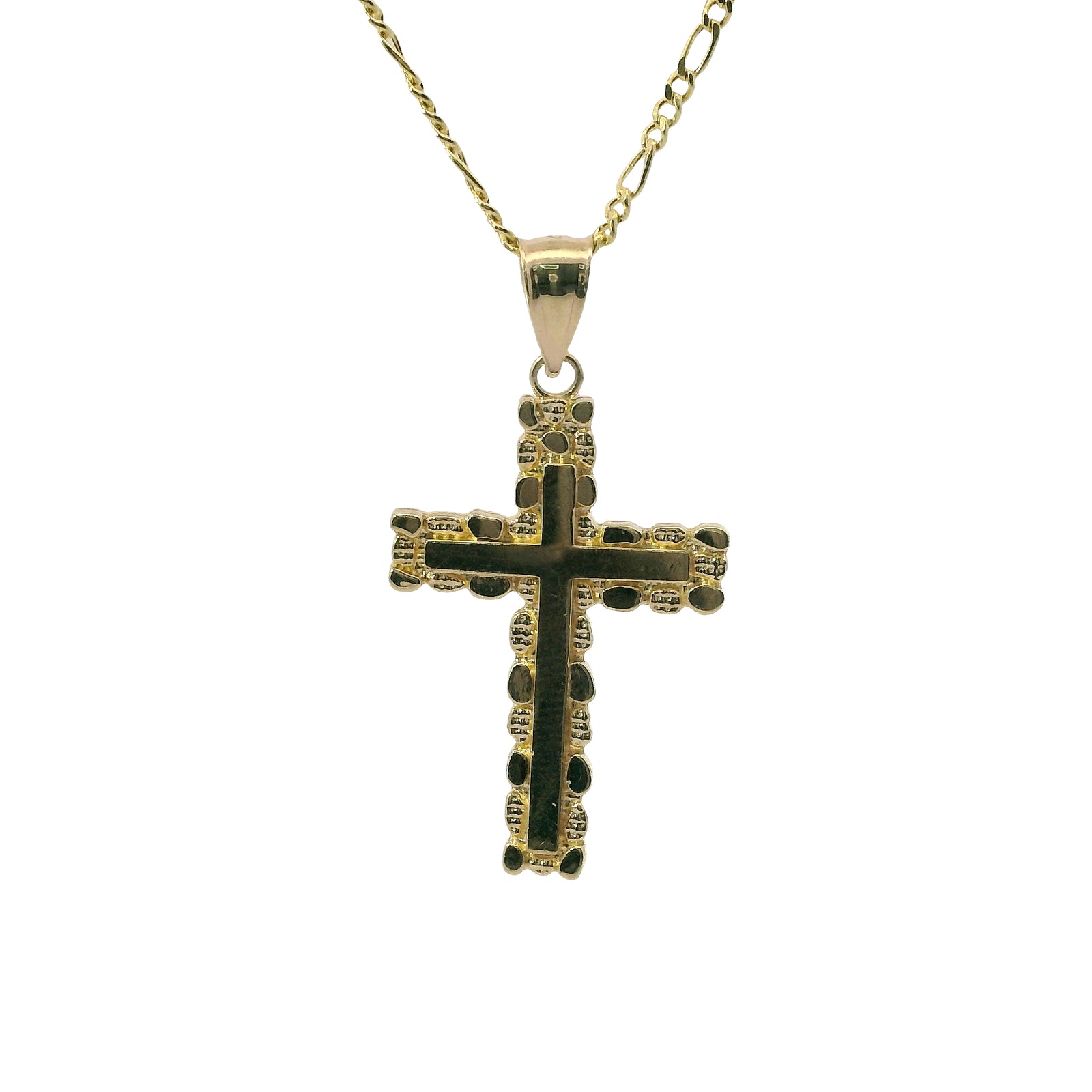 14KT Gold Charm Small Nugget Cross with Engravable Center and Plain Bell