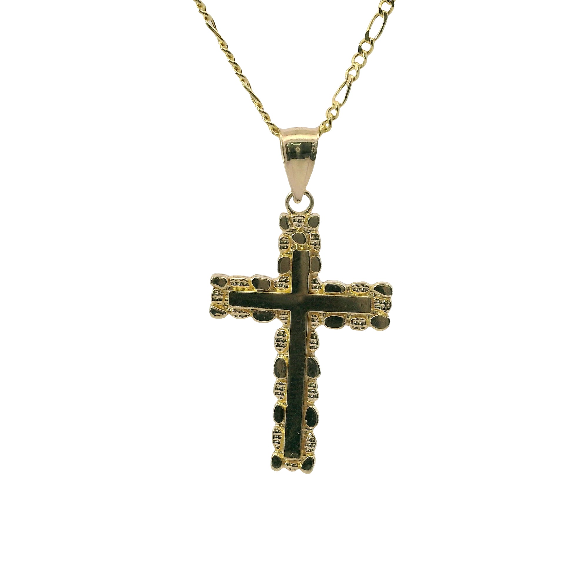 14KT Gold Charm Small Nugget Cross with Engravable Center and Plain Bell