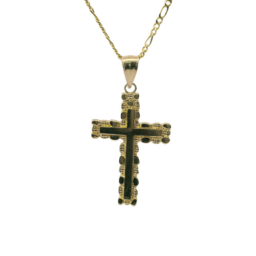 14KT Gold Charm Small Nugget Cross with Engravable Center and Plain Bell