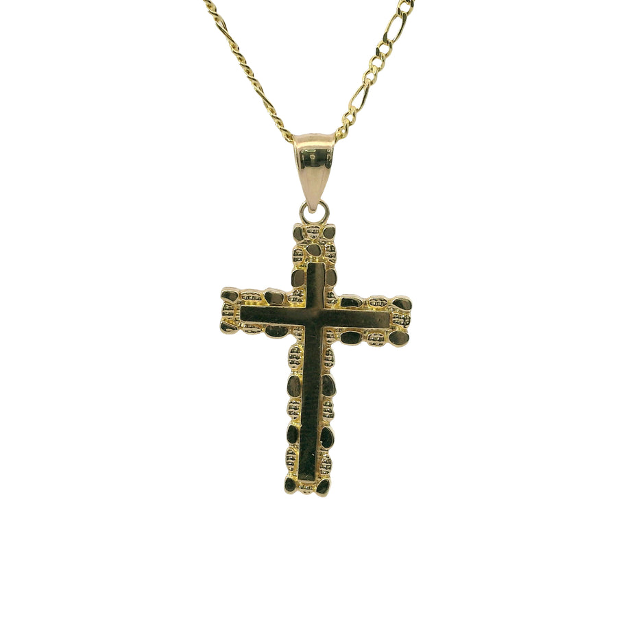 14KT Gold Charm Small Nugget Cross with Engravable Center and Plain Bell