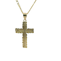 14KT Gold Charm Small Nugget Cross with Engravable Center and Plain Bell