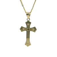 14KT Gold Charm Small Plain Center Cross with Flur De Lis Ends and Plain Bell