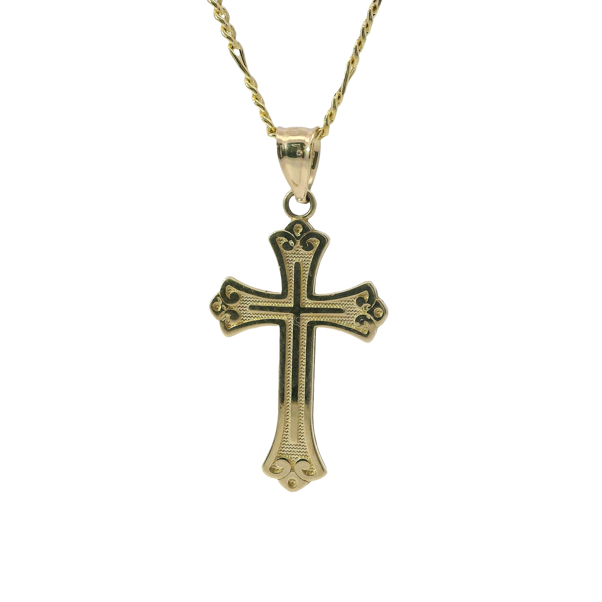 14KT Gold Charm Small Plain Center Cross with Flur De Lis Ends and Plain Bell