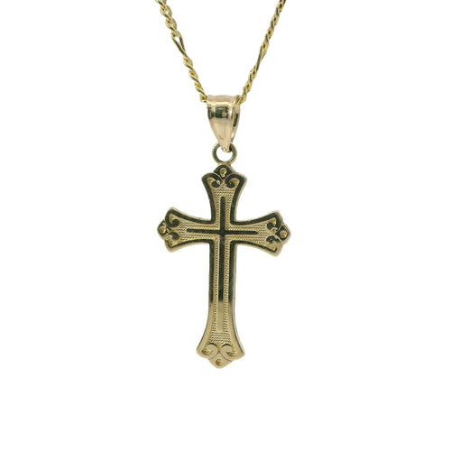 14KT Gold Charm Small Plain Center Cross with Flur De Lis Ends and Plain Bell