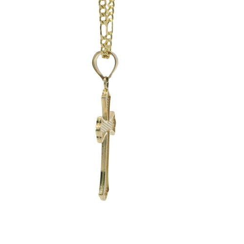 14KT Gold Charm Small Plain Center Cross with Flur De Lis Ends and Plain Bell
