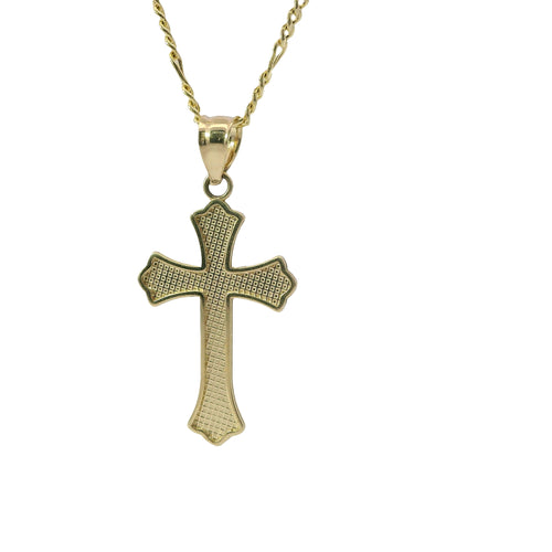 14KT Gold Charm Small Plain Center Cross with Flur De Lis Ends and Plain Bell