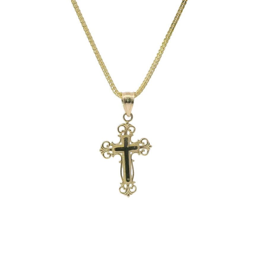 14KT Gold Charm Small Engravable Ornate Cross with Plain Bell