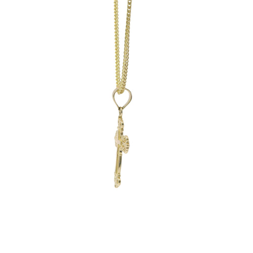 14KT Gold Charm Small Engravable Ornate Cross with Plain Bell
