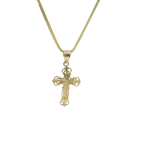 14KT Gold Charm Small Engravable Ornate Cross with Plain Bell