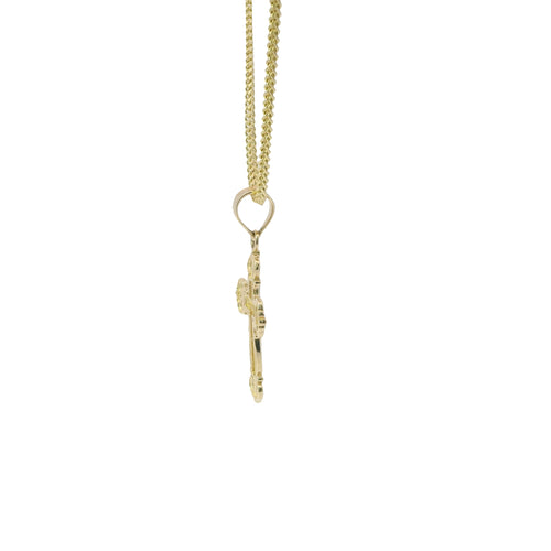 14KT Gold Charm Small Engravable Ornate Cross with Plain Bell