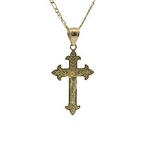 14KT Gold Charm Small Two Tone Stripe Center Dagger Flare Ends Crucifix Cross with Plain Bell