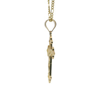 14KT Gold Charm Small Two Tone Stripe Center Dagger Flare Ends Crucifix Cross with Plain Bell