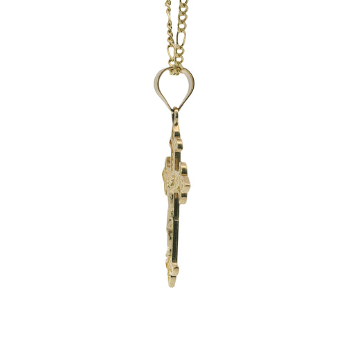 14KT Gold Charm Small Two Tone Stripe Center Dagger Flare Ends Crucifix Cross with Plain Bell
