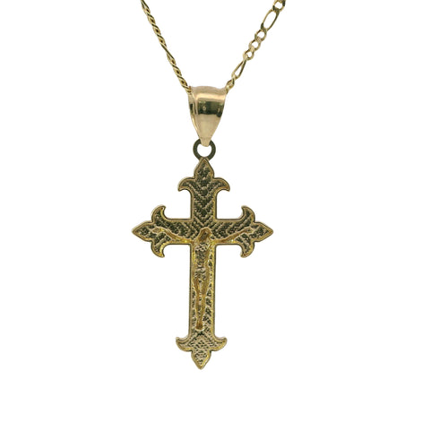 14KT Gold Charm Small Two Tone Stripe Center Dagger Flare Ends Crucifix Cross with Plain Bell